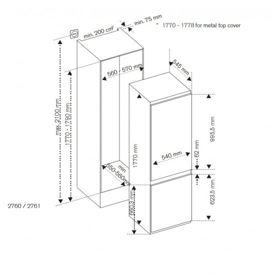 Ψυγειοκαταψύκτης εντοιχιζόμενος Bertazzoni REF60 3BBN PVC-S/20 - 177 x 54,0 x 54,5 εκ. 