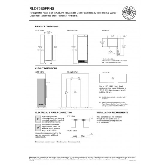 Συντήρηση Bertazzoni RLD75 S5F PNS - Εντοιχιζόμενη Στήλη Συντήρησης